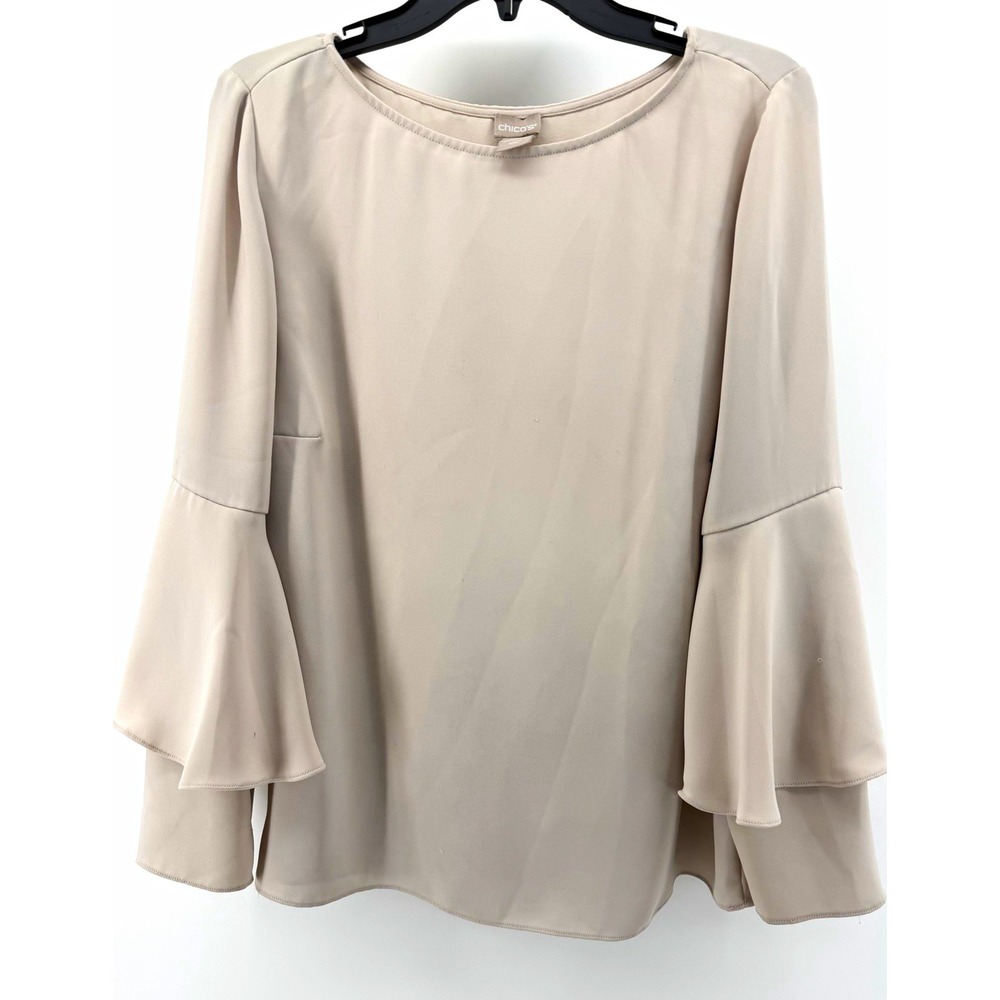 Chico's Women's Solid Beige Blouse Size 2 Round Neck Woven Pullover Ruffle